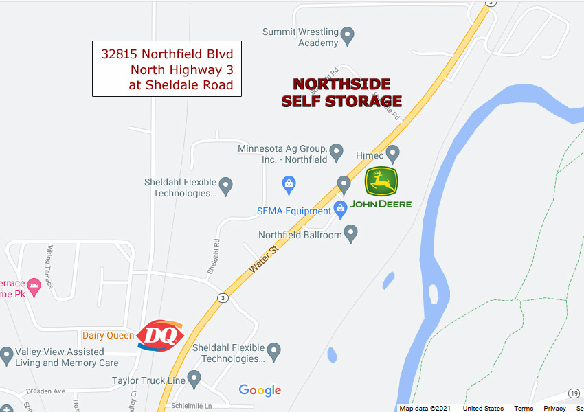 Northside Self Storage is conveniently located at 32815 Northfield Blvd in Northfield, Minnesota. Just north of Dairy Queen on the west side of Highway 3, on the north side of Northfield.
