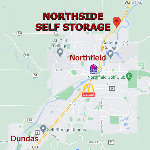 Northside Self Storage is located at 32815 Northfield Boulevard, one half mile north of Dairy Queen. In the north side of Northfield, on the west side of highway 3.